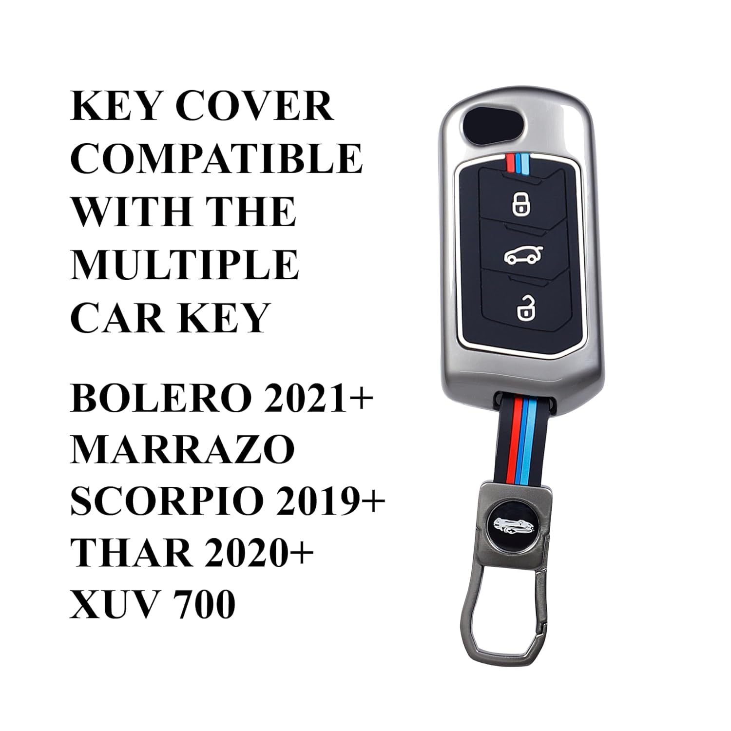 Premium Metel Car Key Cover Compatible for Mahindra Cars, Scorpio N, Thar, 3Xo, Xuv 300, Marazz, Xuv 700, Xuv 400 Ev, Bolero with Microfiber Cloth (Mahindra 3 Button)