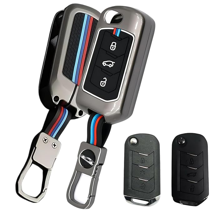 Premium Metel Car Key Cover Compatible for Mahindra Cars, Scorpio N, Thar, 3Xo, Xuv 300, Marazz, Xuv 700, Xuv 400 Ev, Bolero with Microfiber Cloth (Mahindra 3 Button)